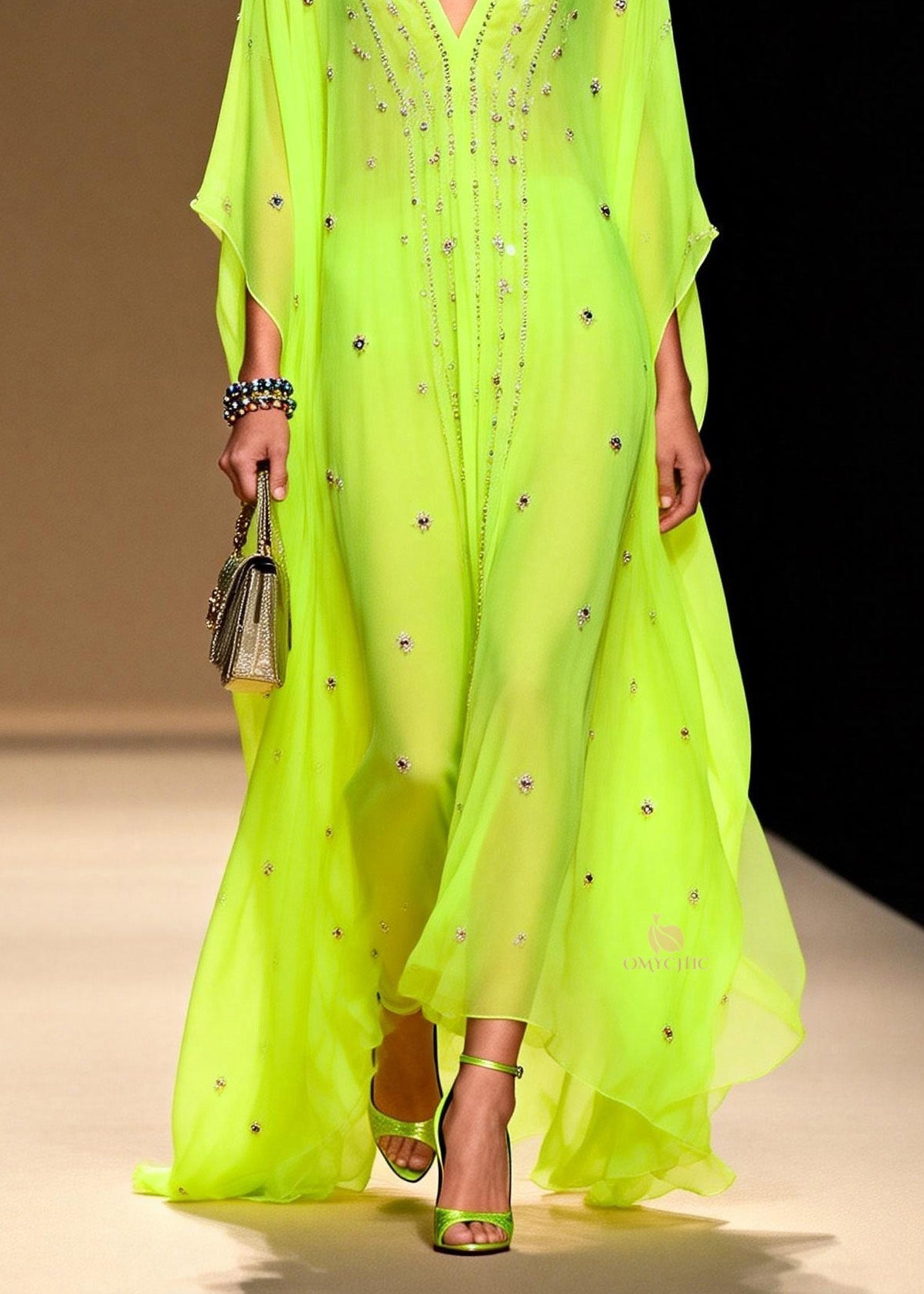 Rhinestone Scatter Deep V-Neck Batwing Sleeve Sheer Maxi Gown - View 4