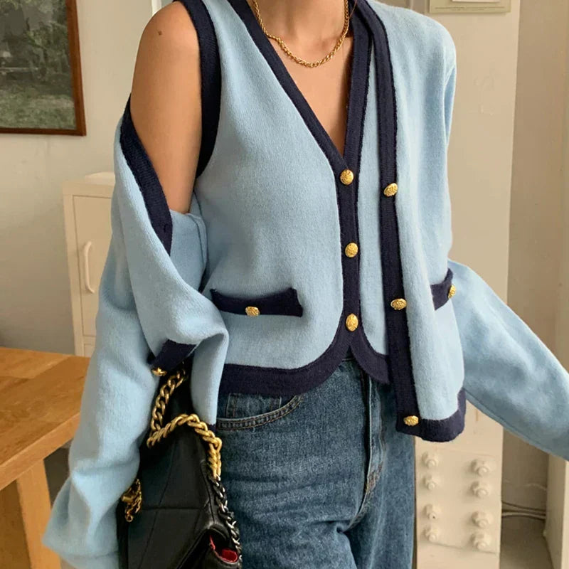 Spring V-neck Long Sleeve Knitted Cardigan Blue / One Size