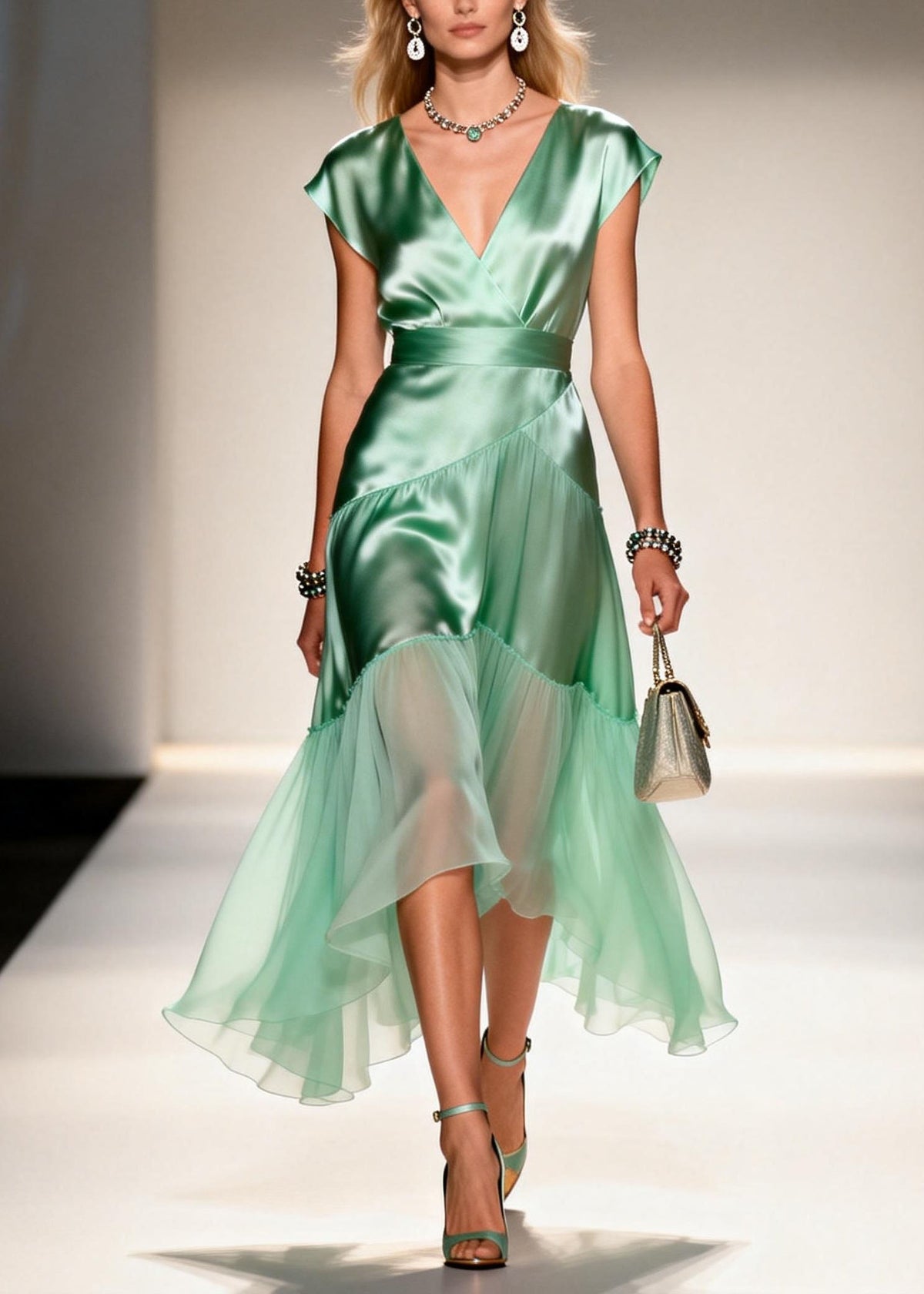 Satin Wrap V-Neck Cap Sleeve Sheer Tiered Ruffle Midi Dress - View 5