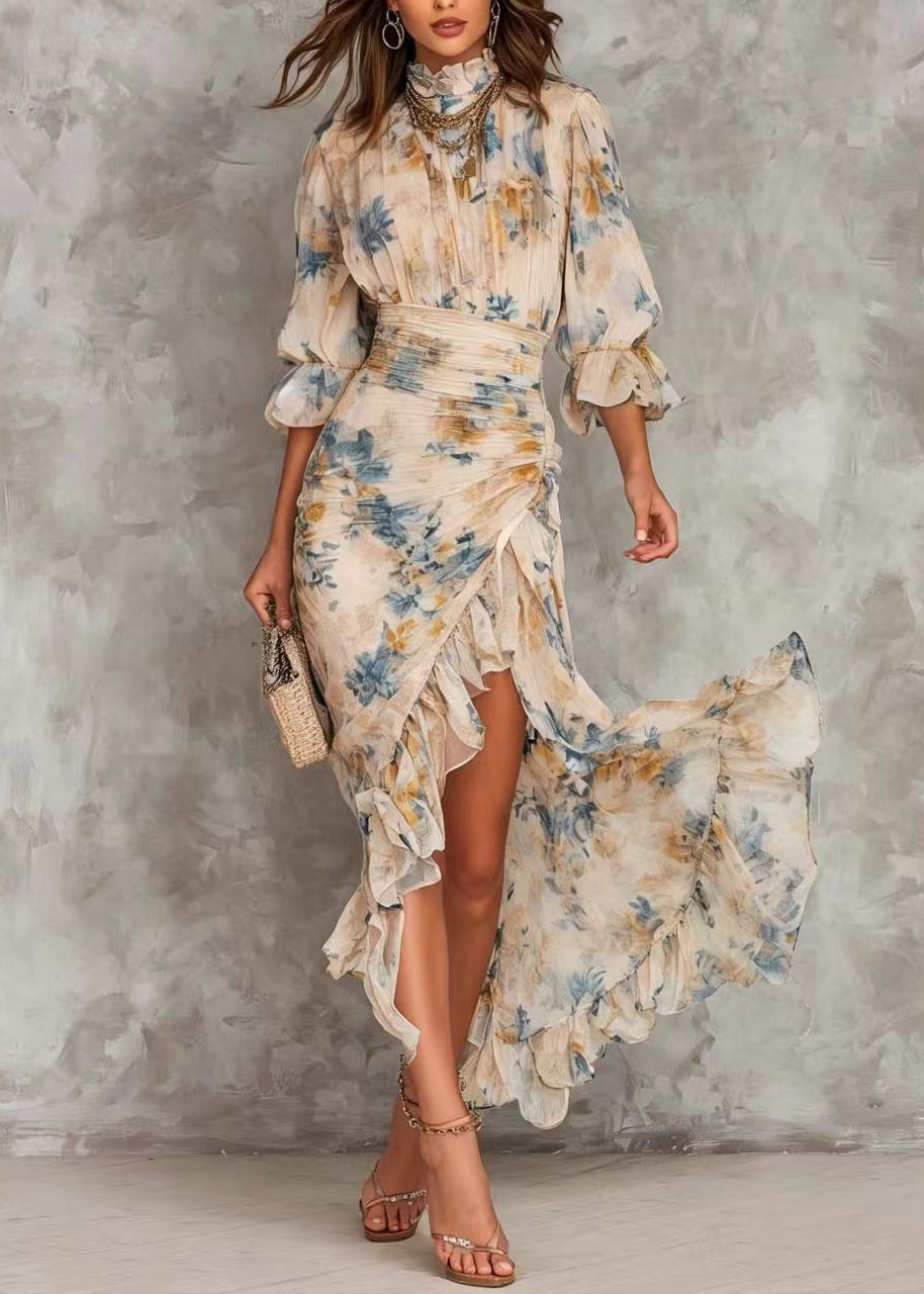 Print Hign Neck Asymmetrical Ruffled Patchwork Chiffon Dress