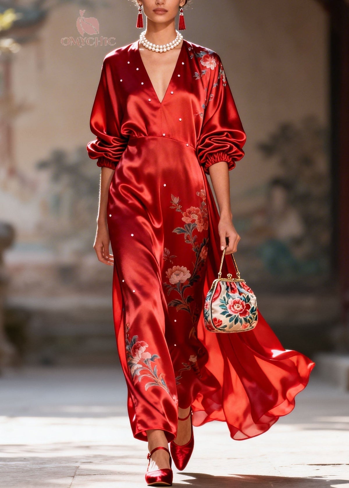 Satin Floral Embroidery Pearl Trim Deep V-Neck Puff Sleeve Maxi Gown - View 3
