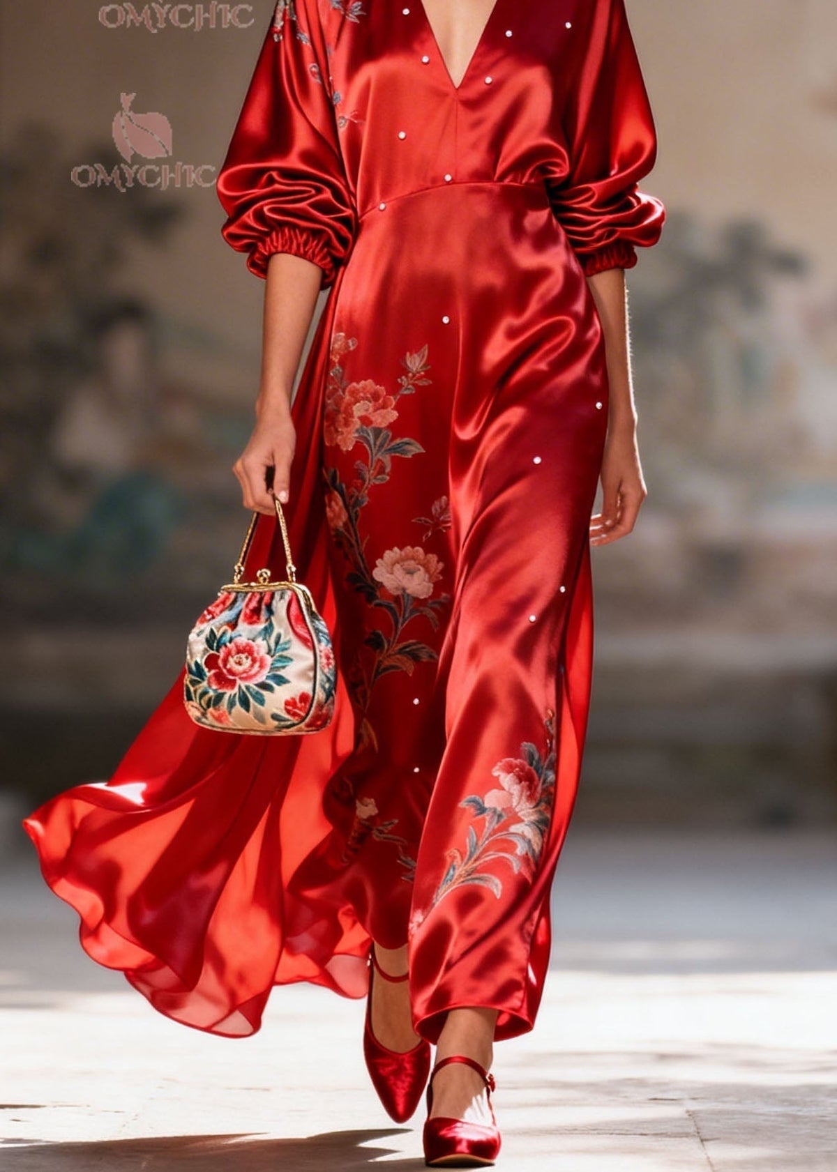 Satin Floral Embroidery Pearl Trim Deep V-Neck Puff Sleeve Maxi Gown - View 4