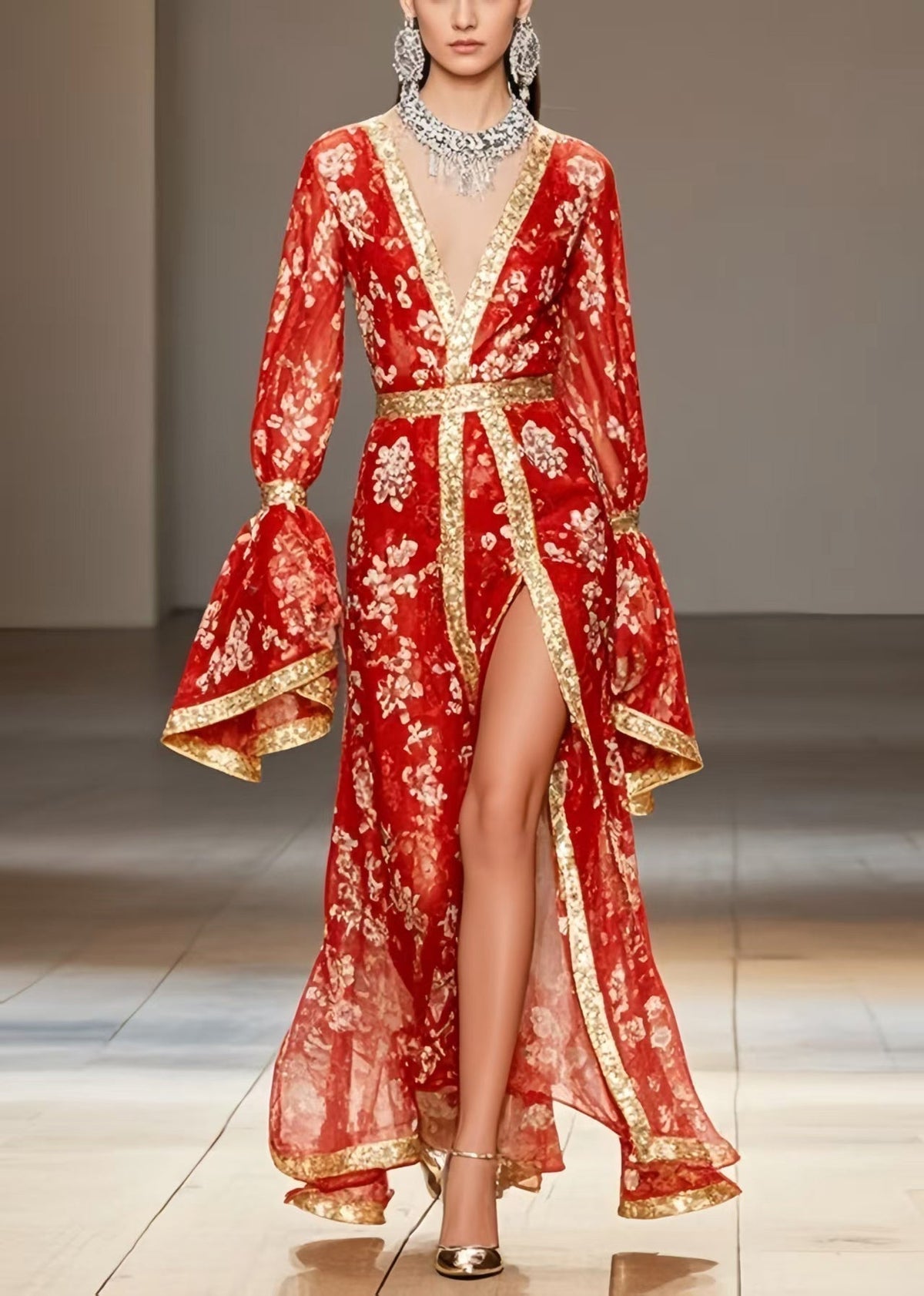 Floral Print Chiffon Deep V-Neck Bell Sleeve Metallic Maxi Gown - View 3