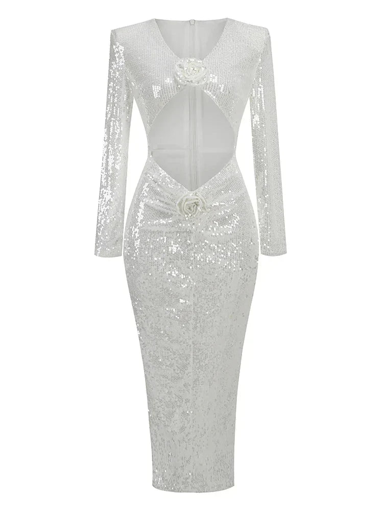 Deep V-Neck Long Sleeve Cut Out Rosette Sequin Maxi Dress 7