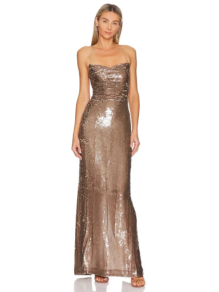 New Sexy Sleeveless Backless Lace-Up Slim Long Dress Bright Sequins Christmas Party Brown / S