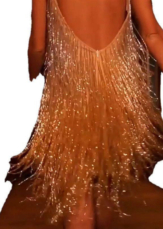 Metallic Tassel Fringe Spaghetti Strap Deep V-Neck Tiered Mini Dress - View 5