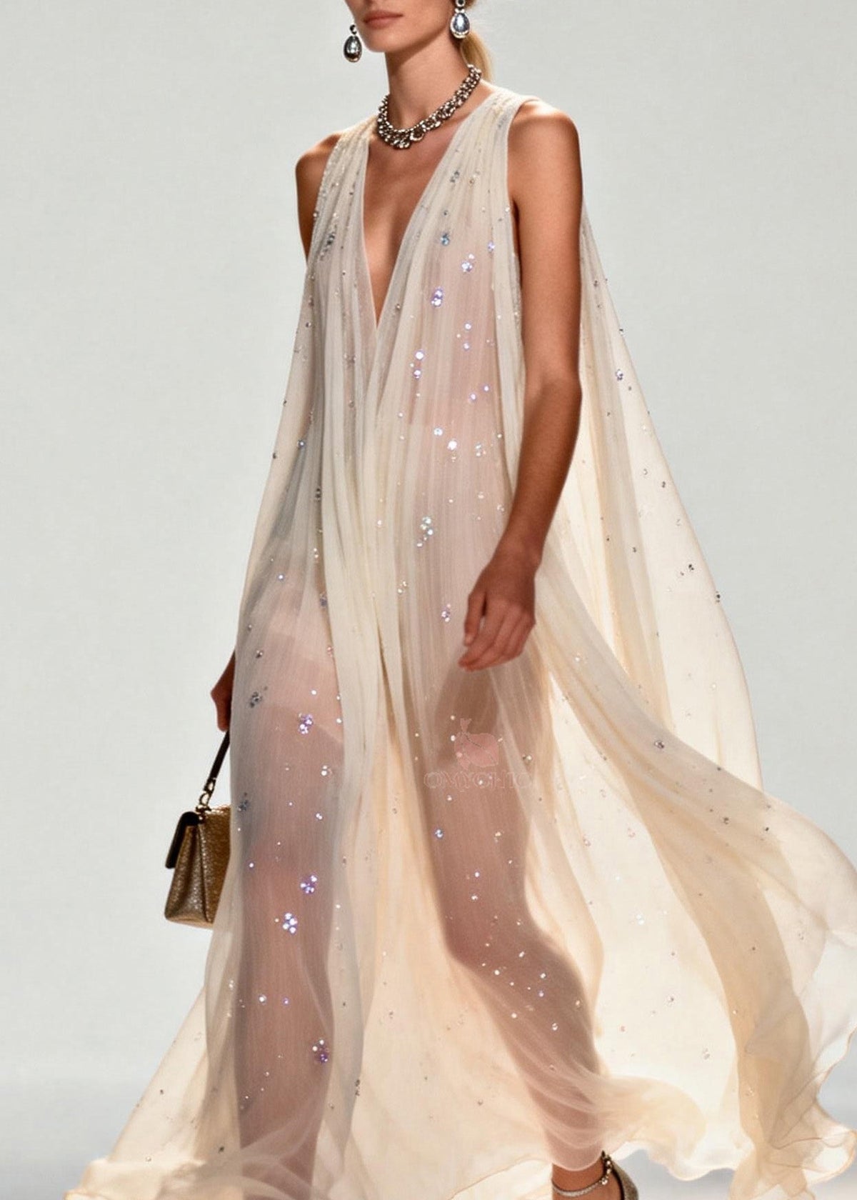 New Style V Neck Zircon Chiffon Maxi Dress Sleeveless - View 2