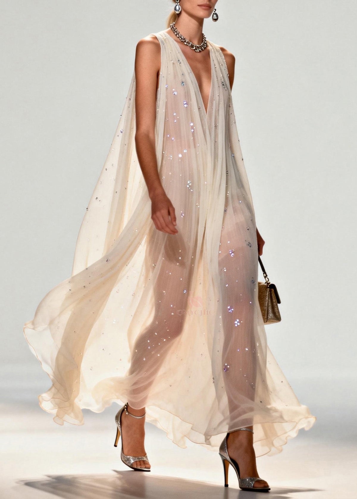 New Style V Neck Zircon Chiffon Maxi Dress Sleeveless - View 3