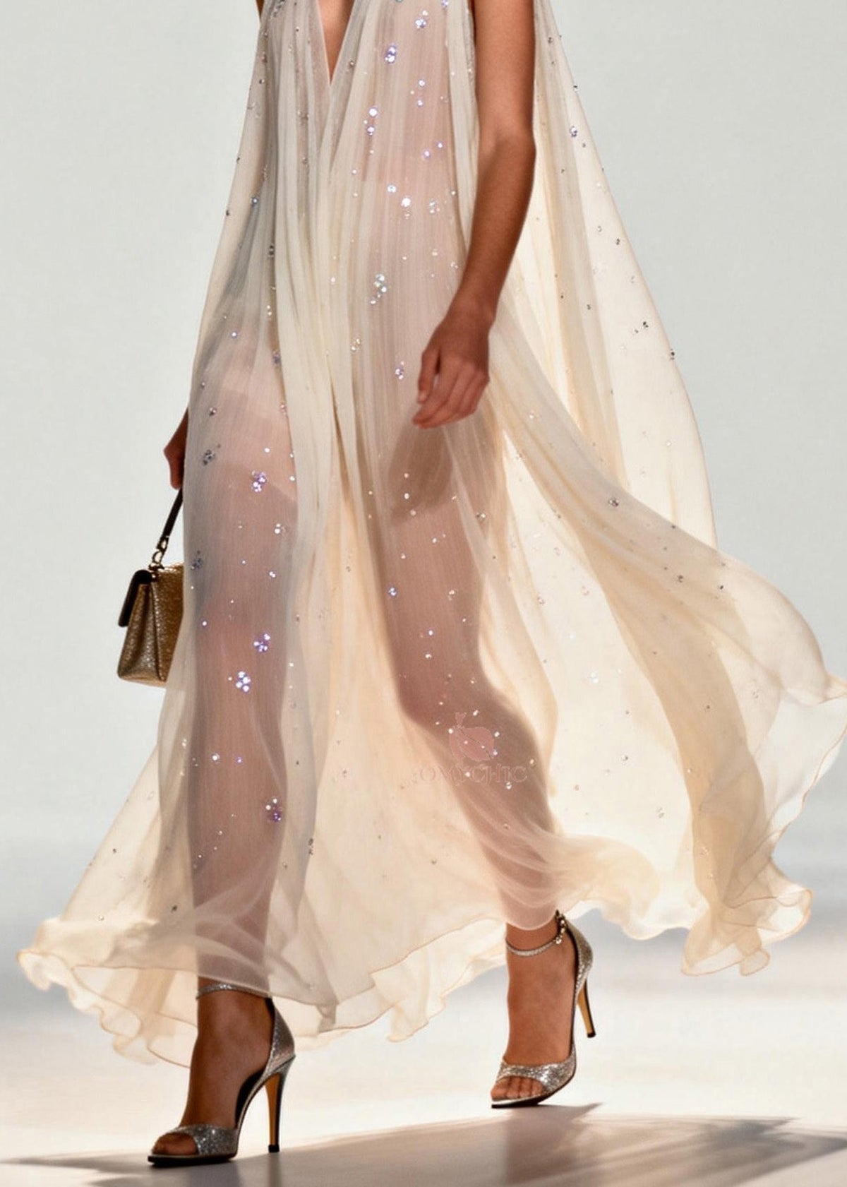 New Style V Neck Zircon Chiffon Maxi Dress Sleeveless - View 4