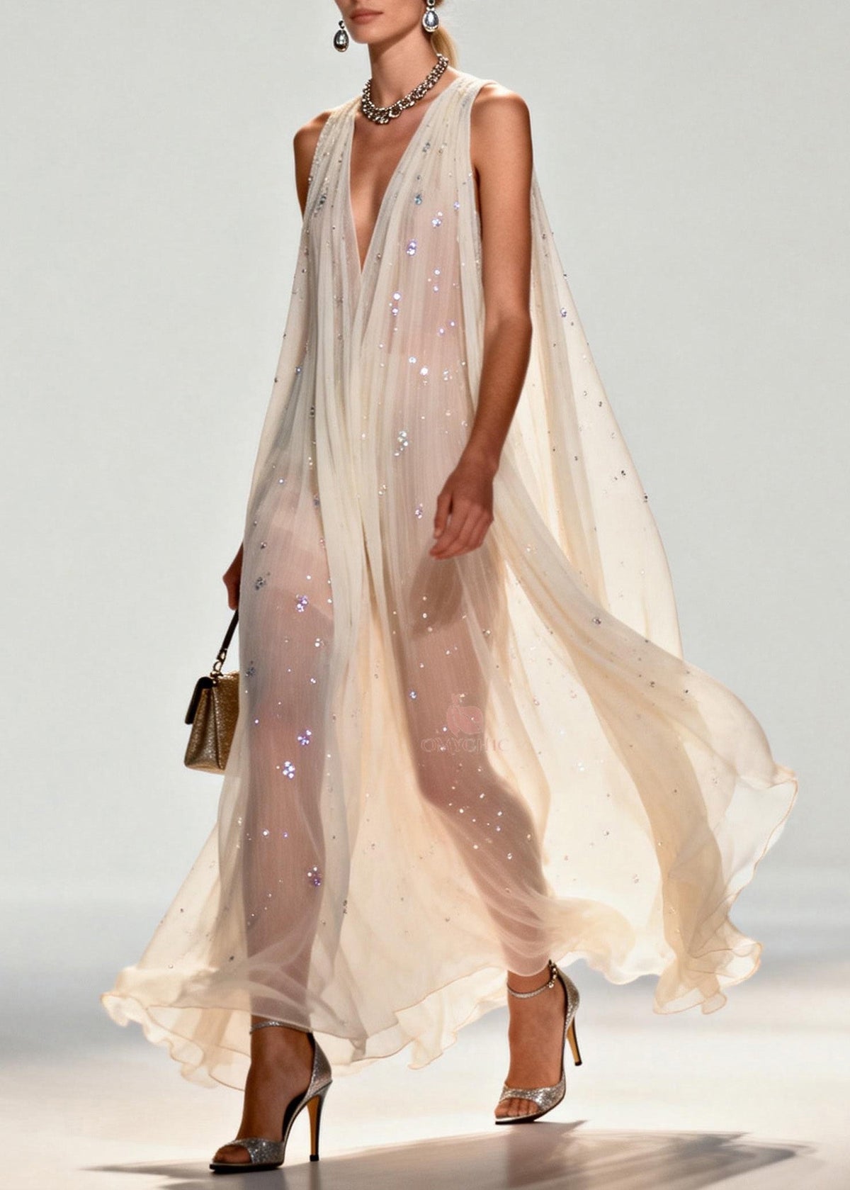 New Style V Neck Zircon Chiffon Maxi Dress Sleeveless - View 5