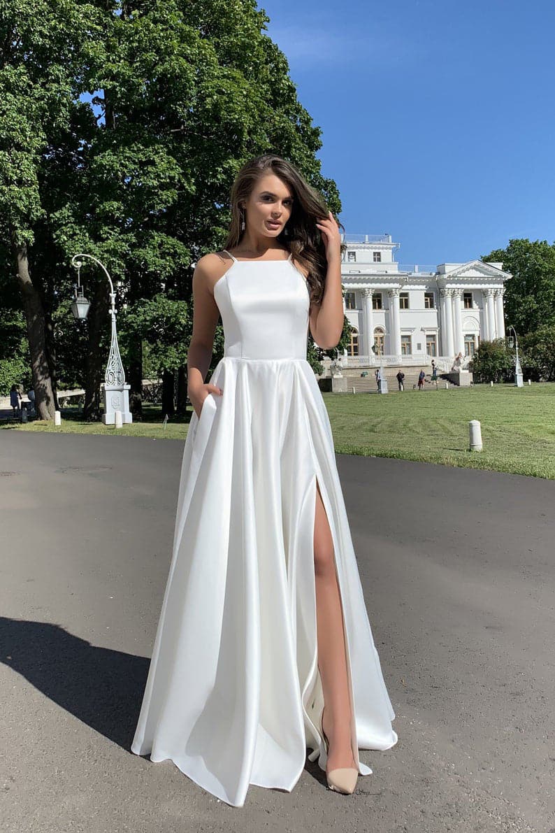 Satin Square Neck High Split A-Line Maxi Dress - View 5