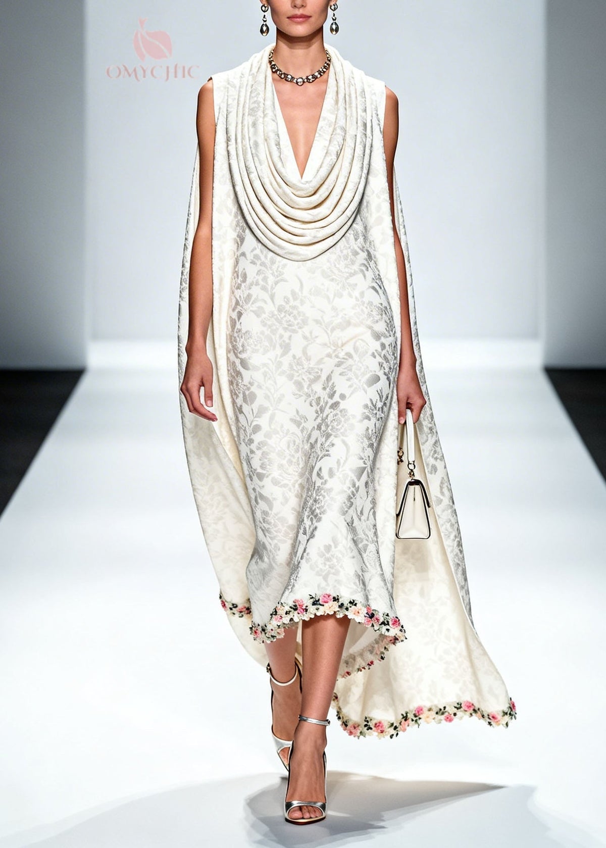 Jacquard Cowl Collar Cape Sleeveless Floral Applique Hem Midi Dress