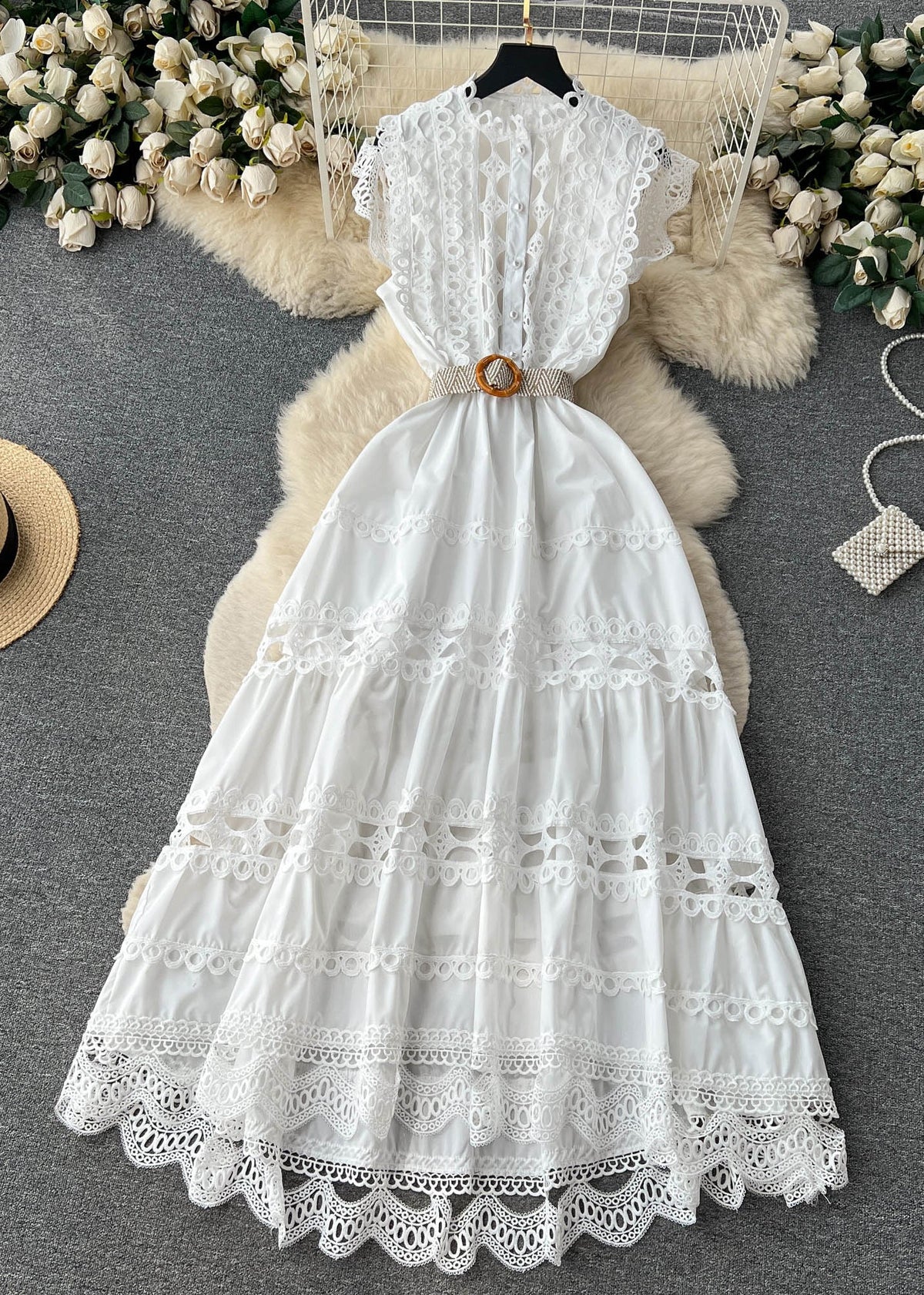Eyelet Lace Ruffle Mandarin Collar Sleeveless Maxi Dress - View 3