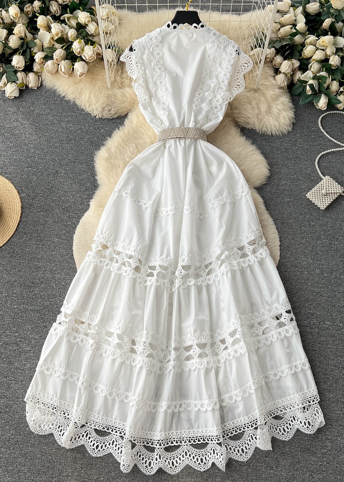 Eyelet Lace Ruffle Mandarin Collar Sleeveless Maxi Dress - View 4