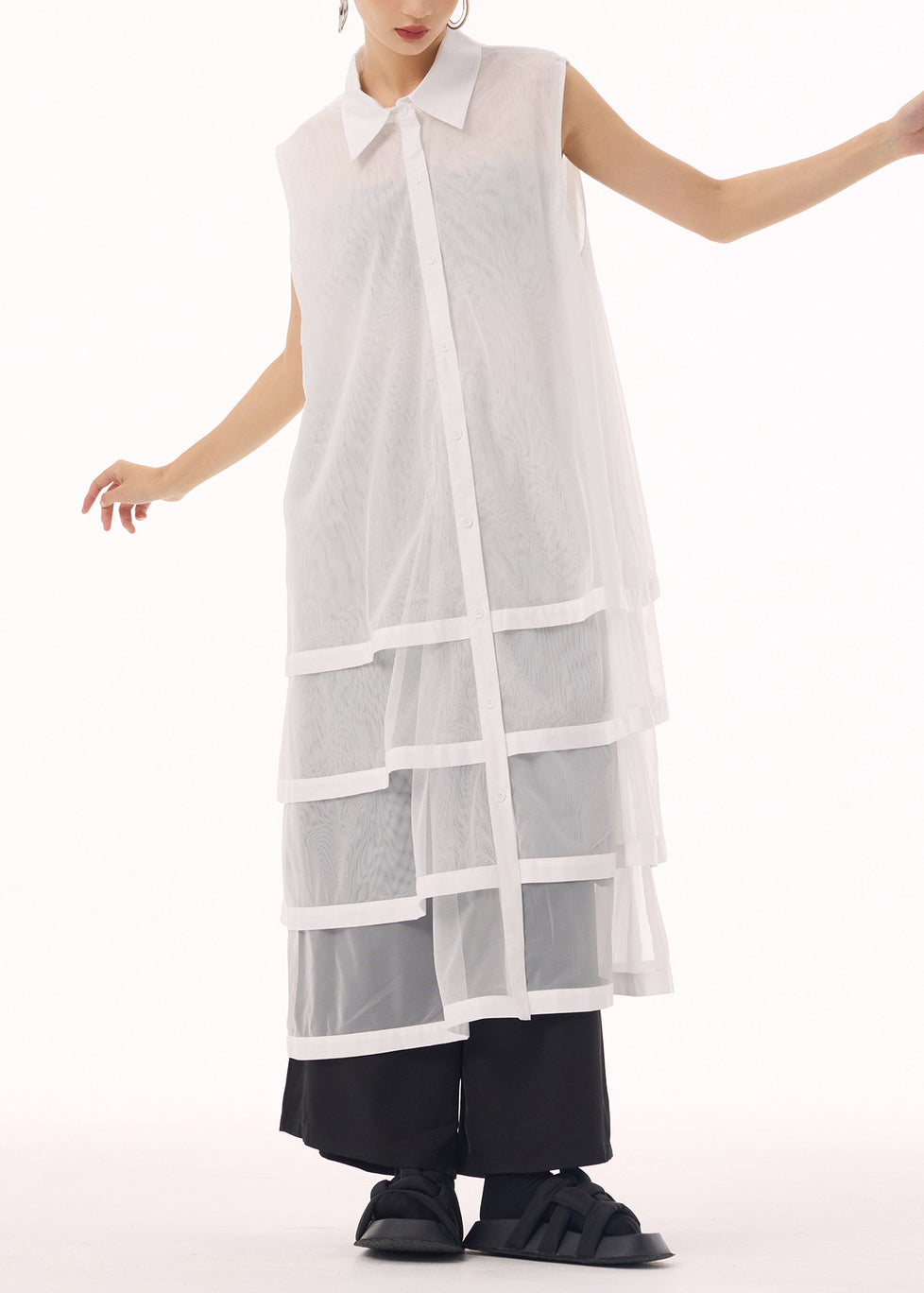 New White Peter Pan Collar Tulle Patchwork Cotton Maxi Dresses Sleeveless - View 2