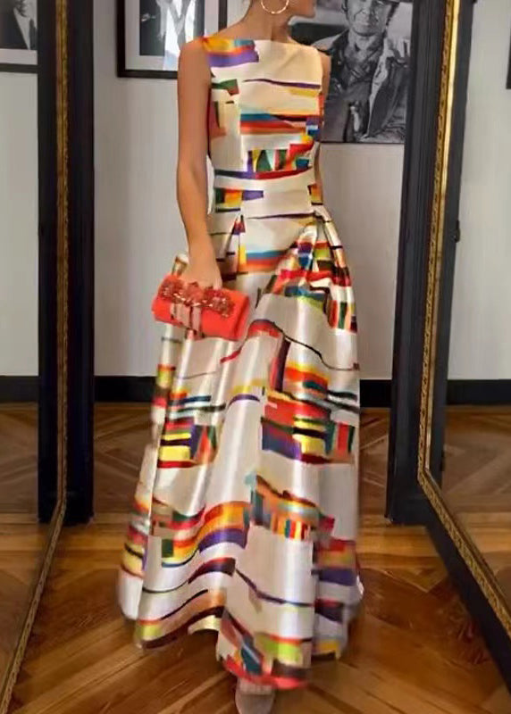 Satin Abstract Brushstroke Print Boat Neck Pleated Maxi Gown - View 4