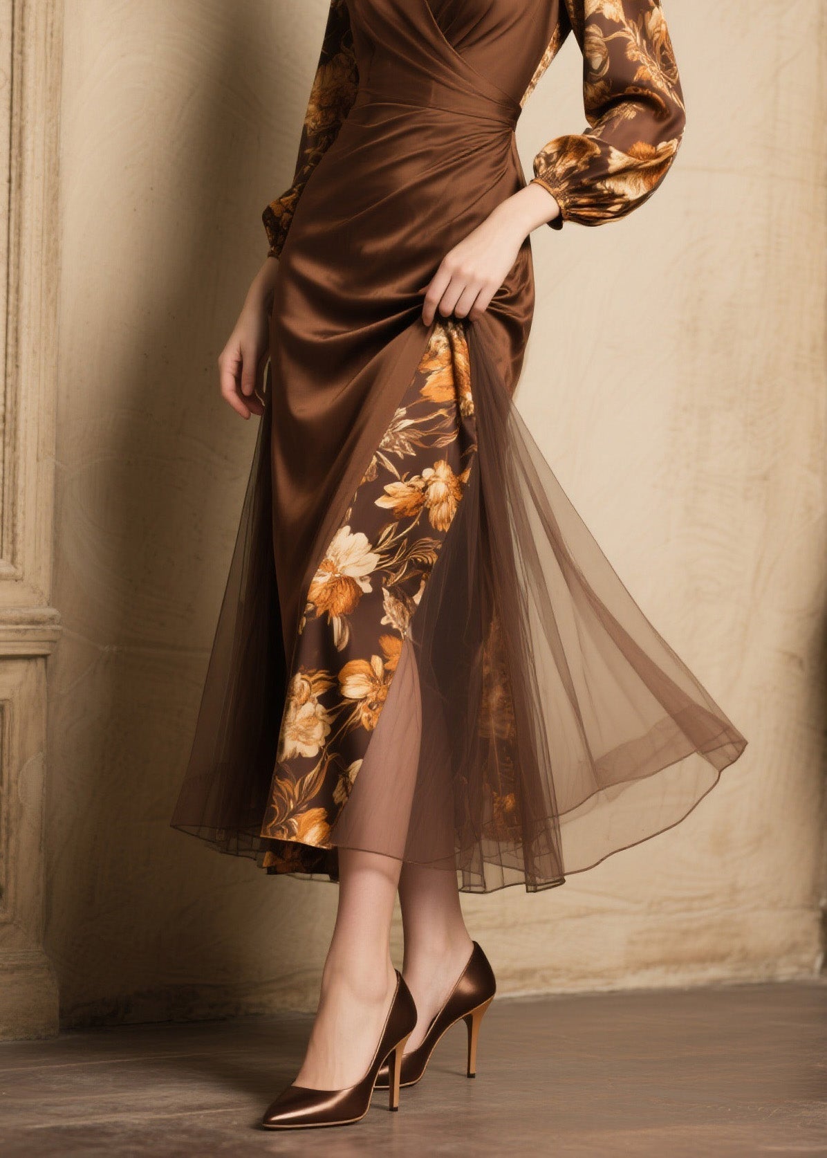 Floral Print V-Neck Wrap Puff Sleeve Mesh Overlay Midi Dress - View 4