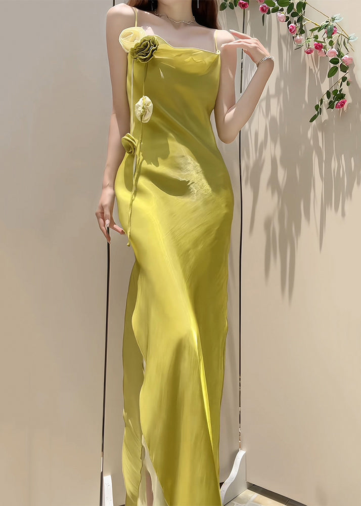 One Shoulder Rosette Trim High Split Ruffle Hem Satin Maxi Gown - View 4