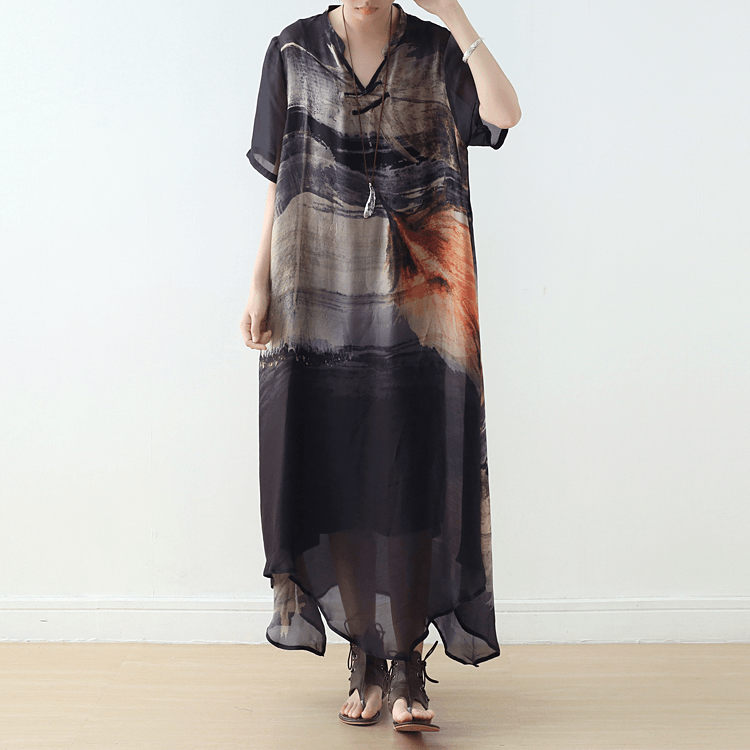 Abstract Print V-Neck Mandarin Collar Tie Neck Maxi Dress - View 2