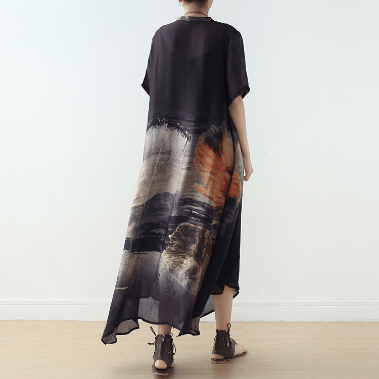 Abstract Print V-Neck Mandarin Collar Tie Neck Maxi Dress - View 3