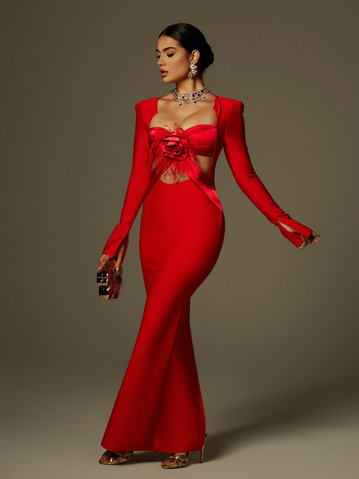 Rose Applique Feather Trim Cut Out Long Sleeve Mermaid Maxi Gown