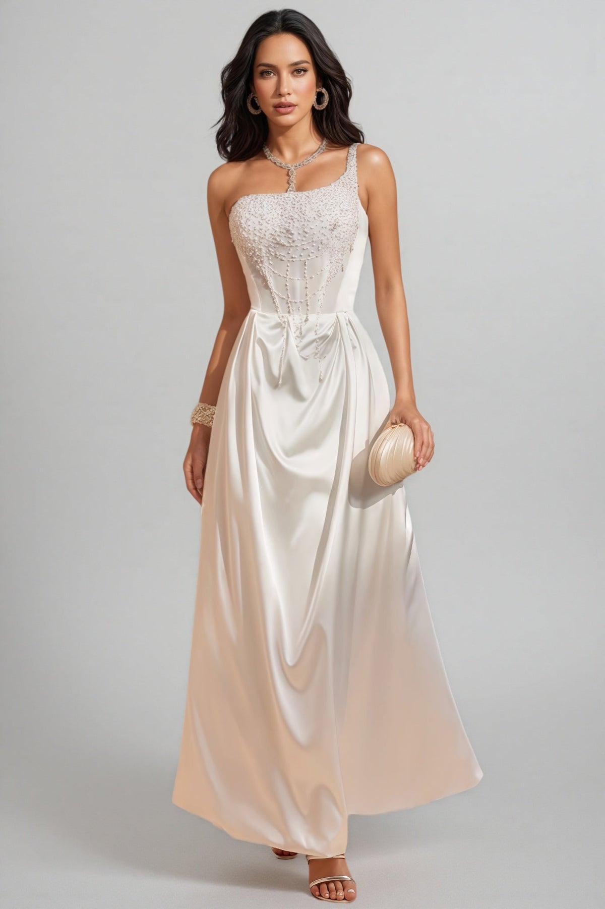 Camo One Shoulder Pearl Satin Maxi Dress