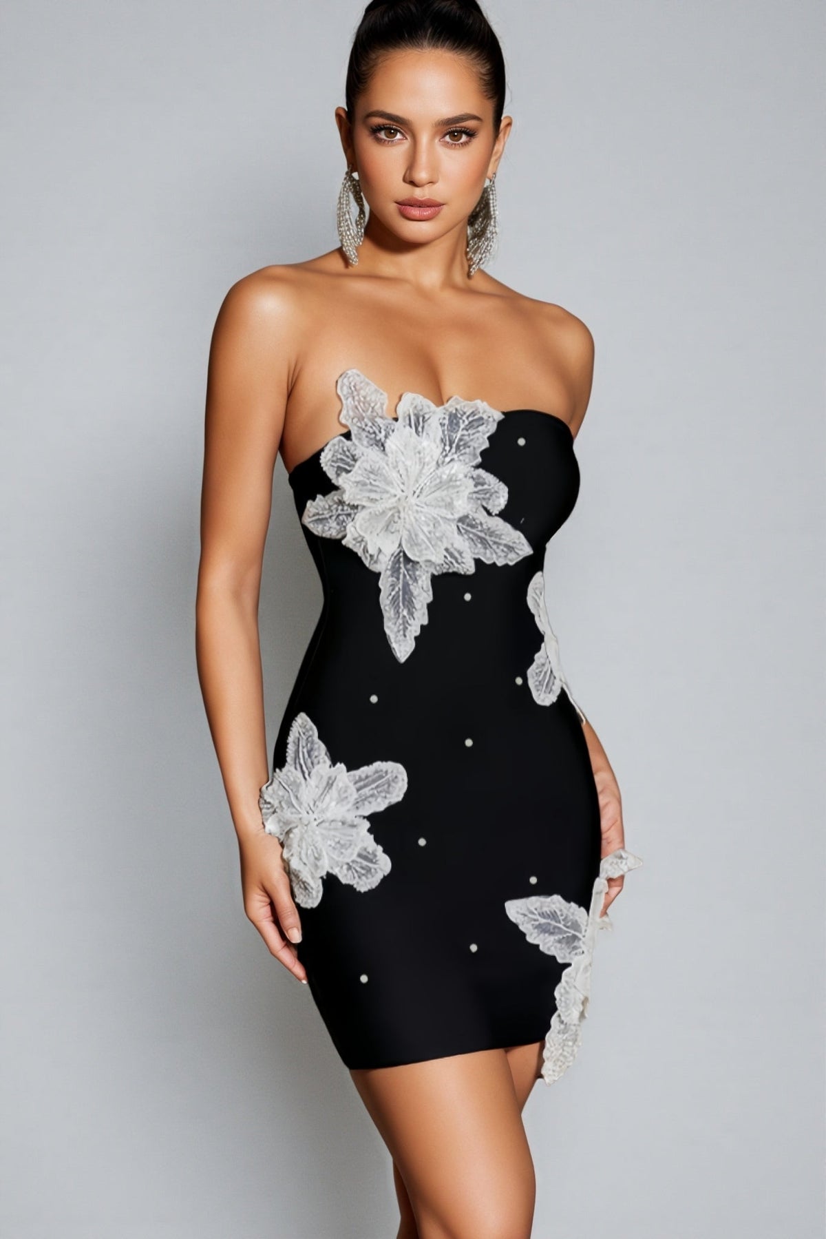 Floral Applique Strapless Beaded Bodycon Mini Dress