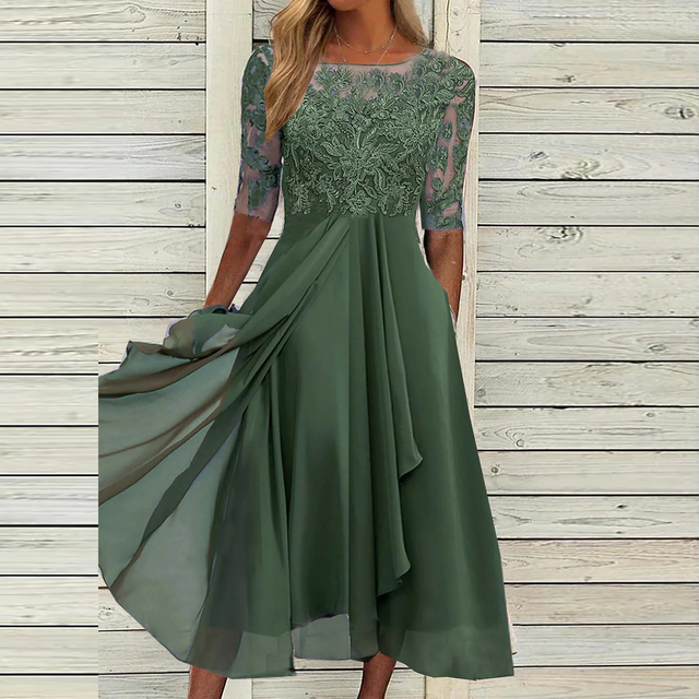 Chiffon Lace Embroidered Half Sleeve Illusion Neck A-Line Midi Dress - View 3