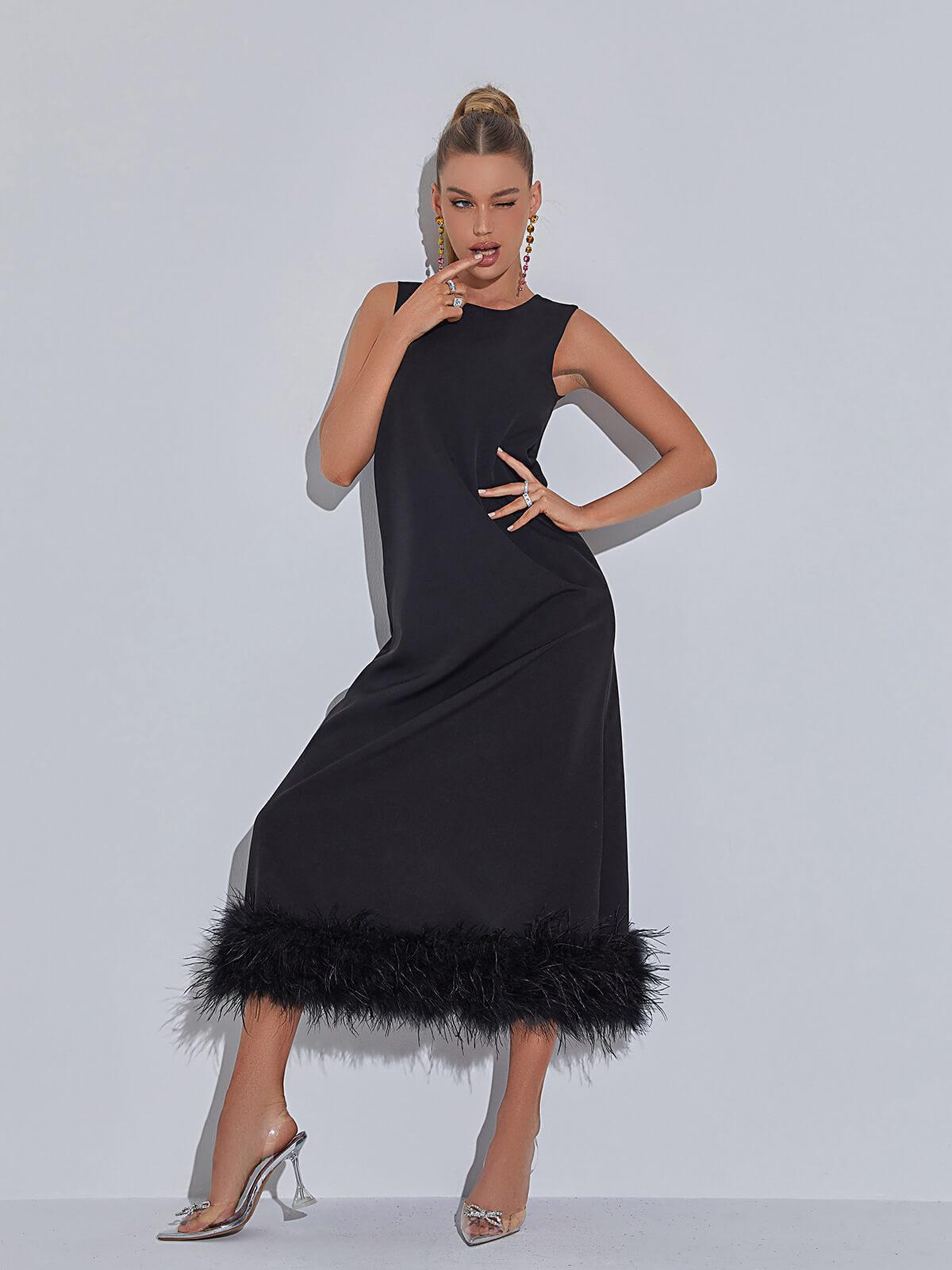 Feather Hem Round Neck Sleeveless A-Line Midi Dress - View 2