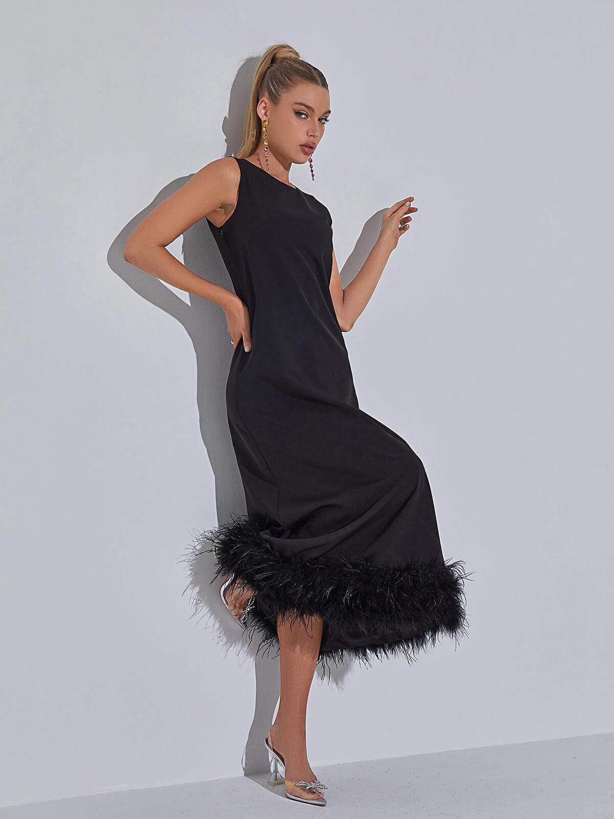 Feather Hem Round Neck Sleeveless A-Line Midi Dress - View 3