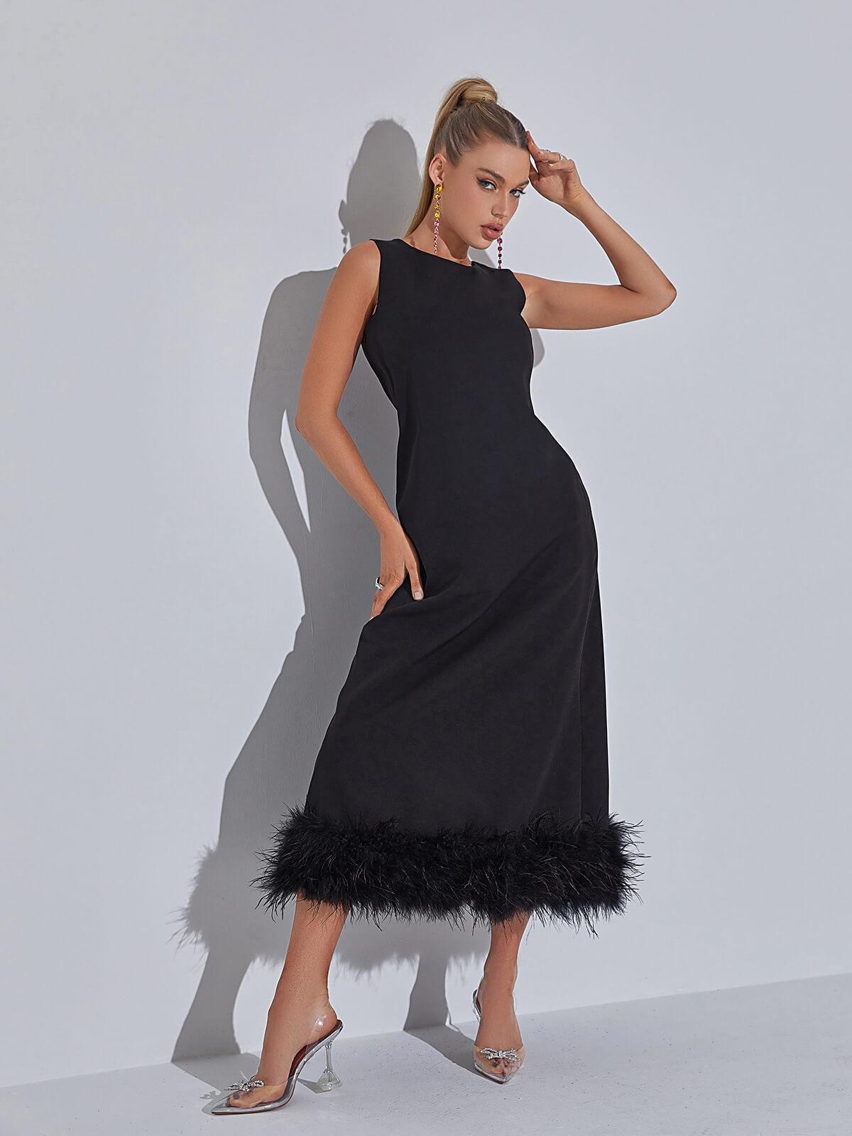 Feather Hem Round Neck Sleeveless A-Line Midi Dress - View 4