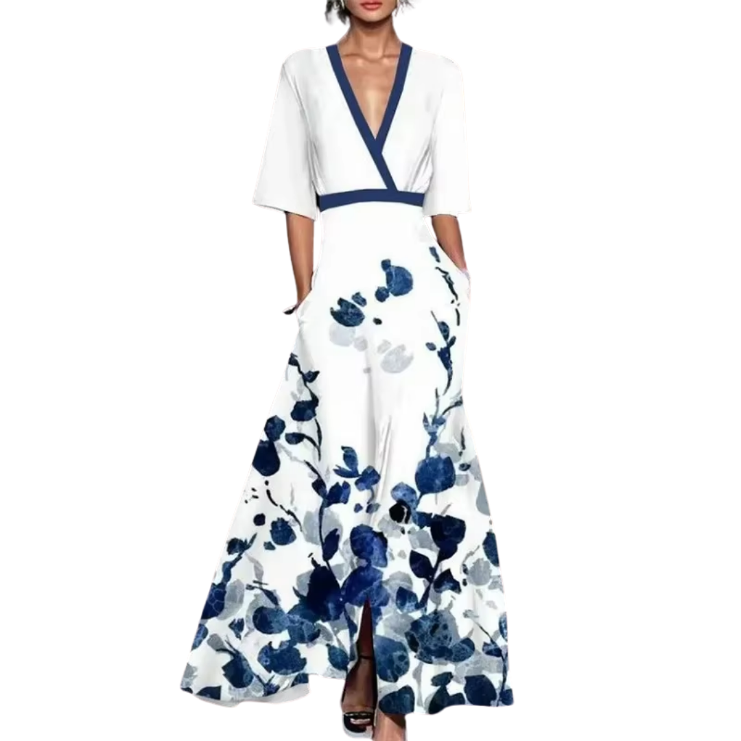 Floral Print Deep V-Neck Short Sleeve Flared Maxi Dress