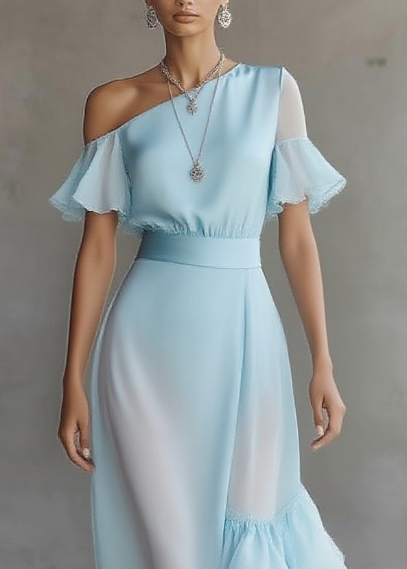 Novelty Blue Asymmetrical Patchwork Solid Chiffon Maxi Dress - View 2