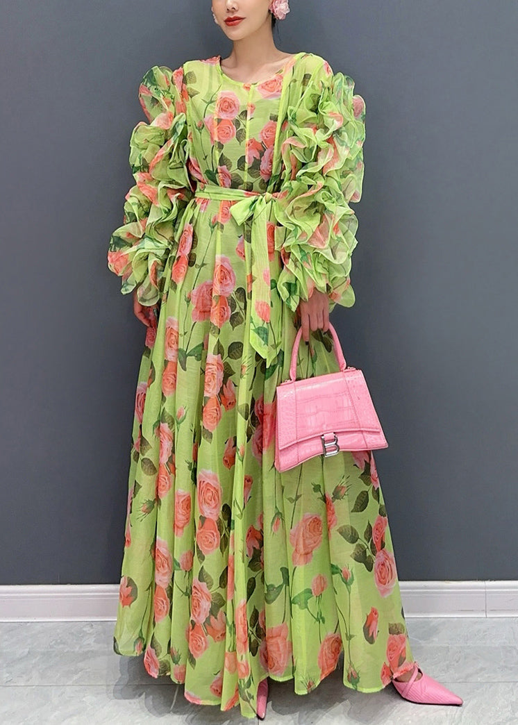Novelty Green Ruffled Print Chiffon Dresses Long Sleeve - View 2