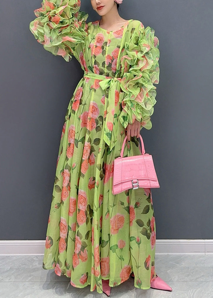 Novelty Green Ruffled Print Chiffon Dresses Long Sleeve - View 3