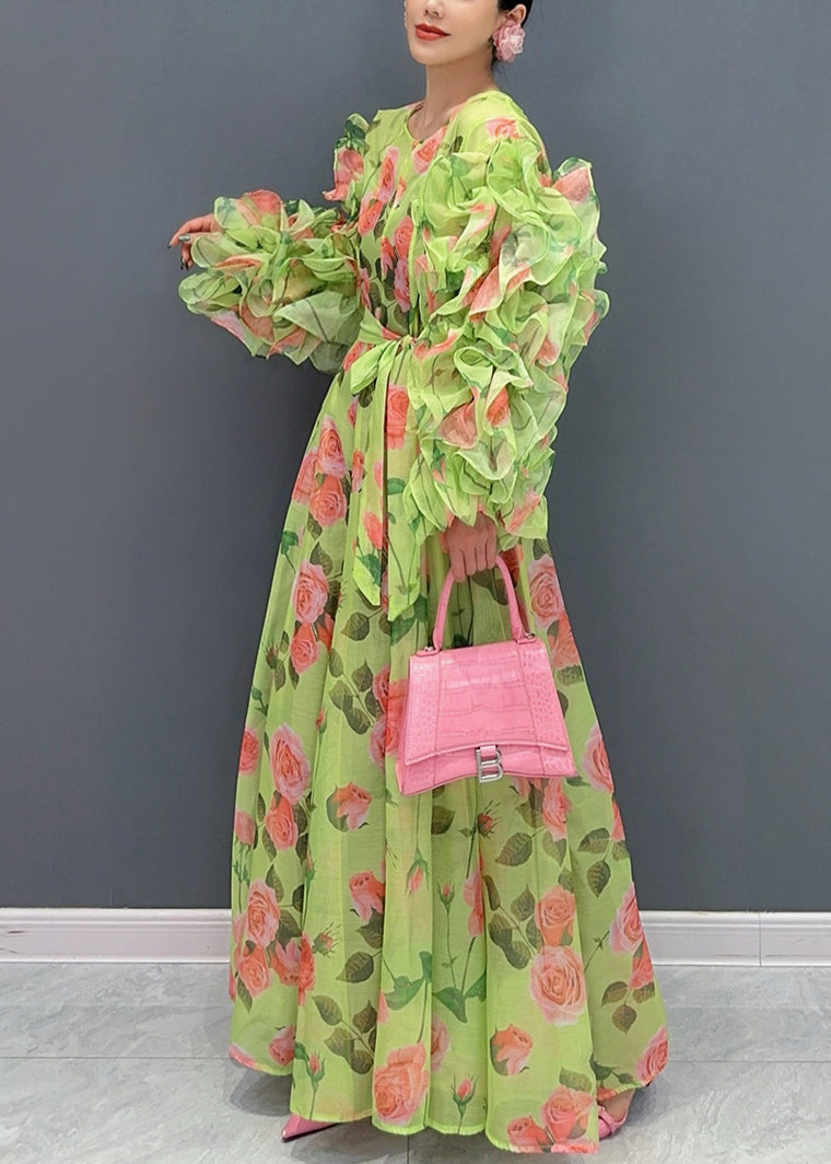 Novelty Green Ruffled Print Chiffon Dresses Long Sleeve - View 4