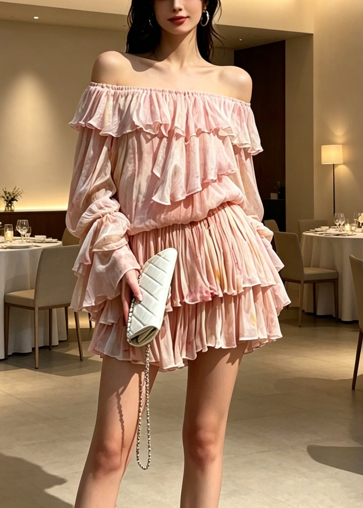 Novelty Pink Ruffled Patchwork Cold Shoulder Chiffon Mid Dress