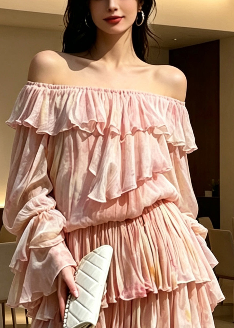 Novelty Pink Ruffled Patchwork Cold Shoulder Chiffon Mid Dress - View 2