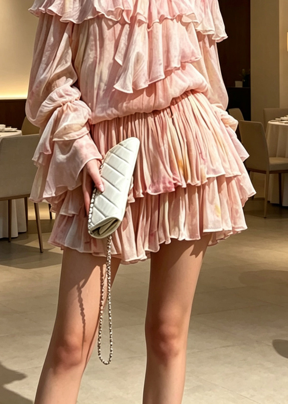 Novelty Pink Ruffled Patchwork Cold Shoulder Chiffon Mid Dress - View 4