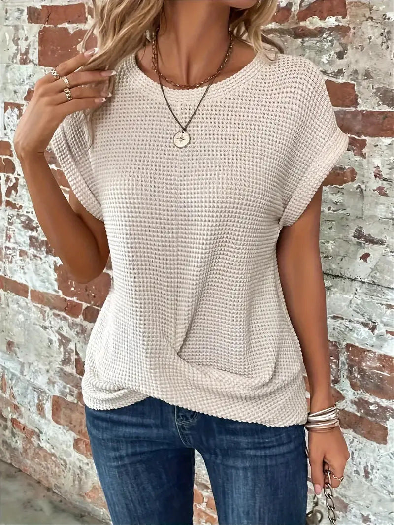 Waffle Knit Round Neck Short Sleeve Twist Front Top 4