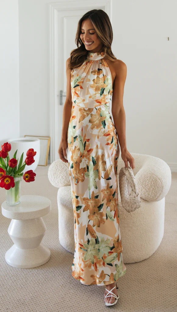 Years Personality Bandage Halter Lace up Backless Print Maxi Dress