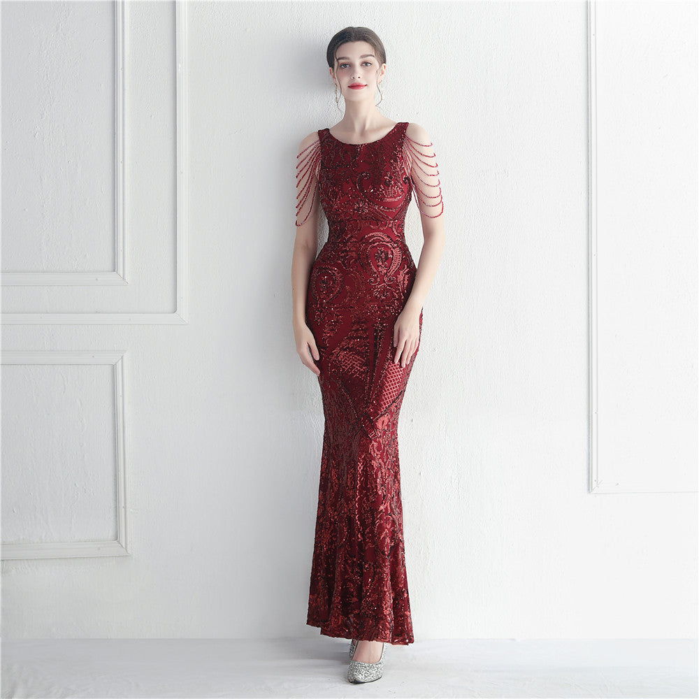 Sequin Beaded Round Neck Fringe Mermaid Maxi Gown - View 8