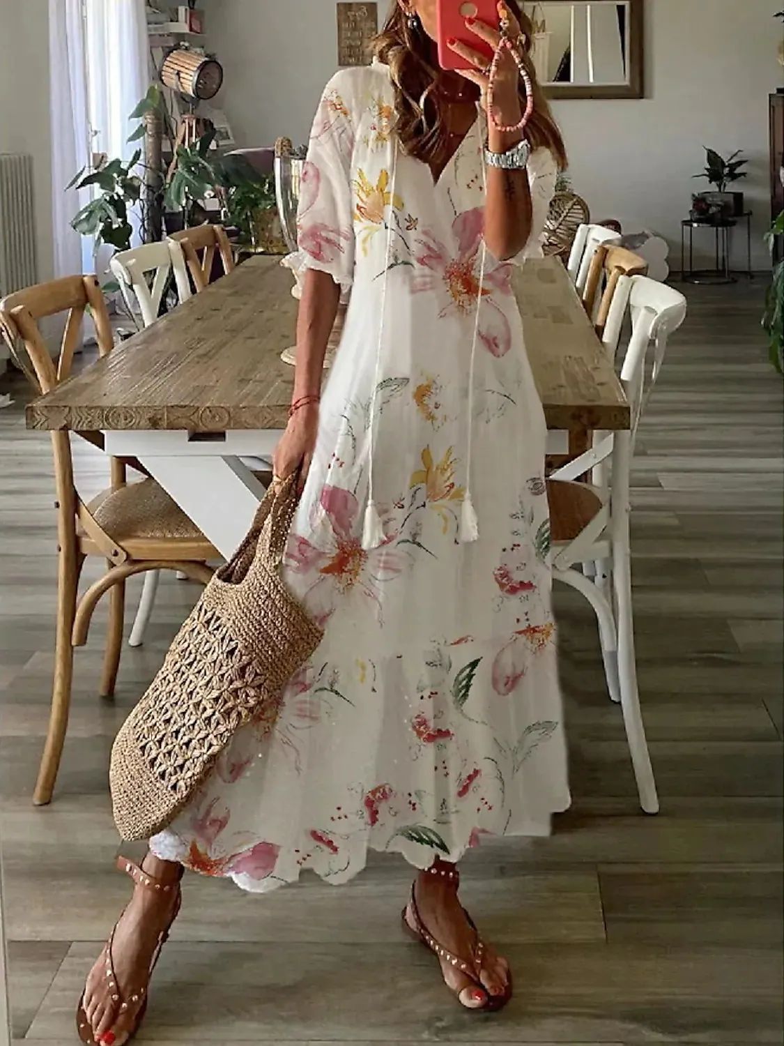 V-Neck Tassel Tie Short Sleeve Tiered Ruffle Hem Maxi Dress