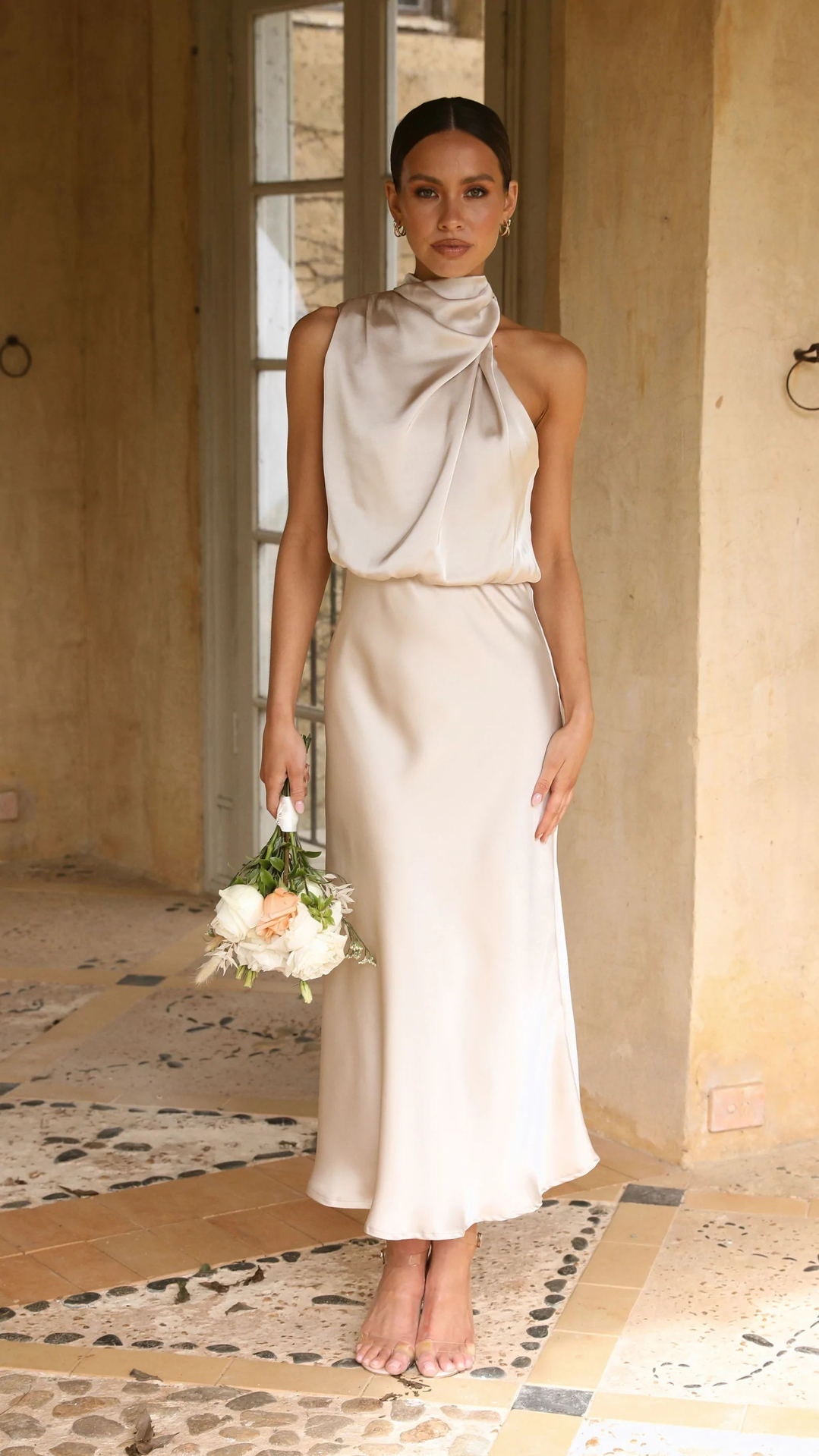Mature Elegant Sleeveless Halter Solid Color Satin Dress - View 3