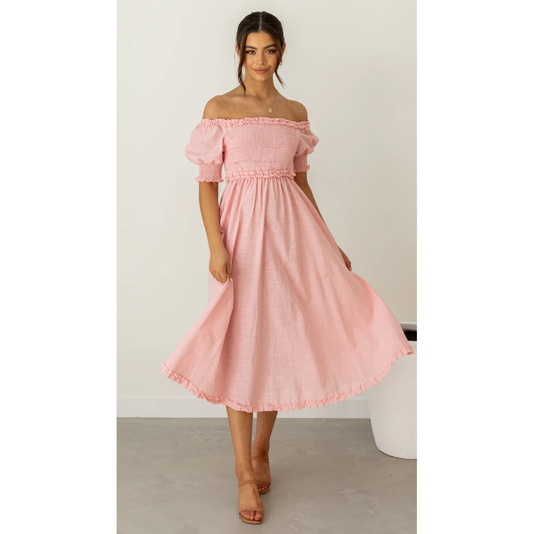 Off Shoulder Smocked Puff Sleeve Ruffle Hem Midi Dress - View 6