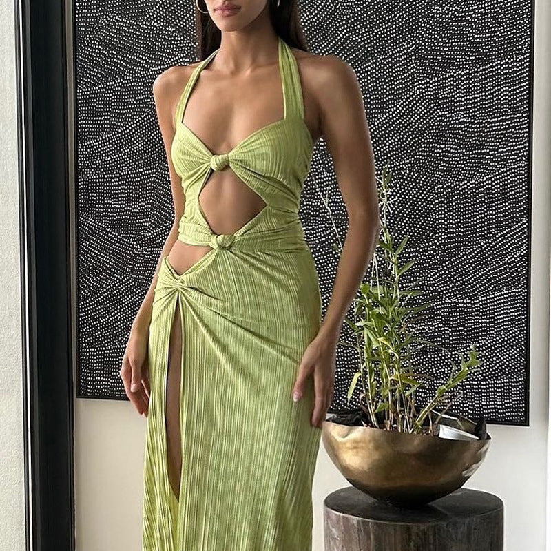 Halter Neck Cut Out High Split Pleated Maxi Dress - View 4
