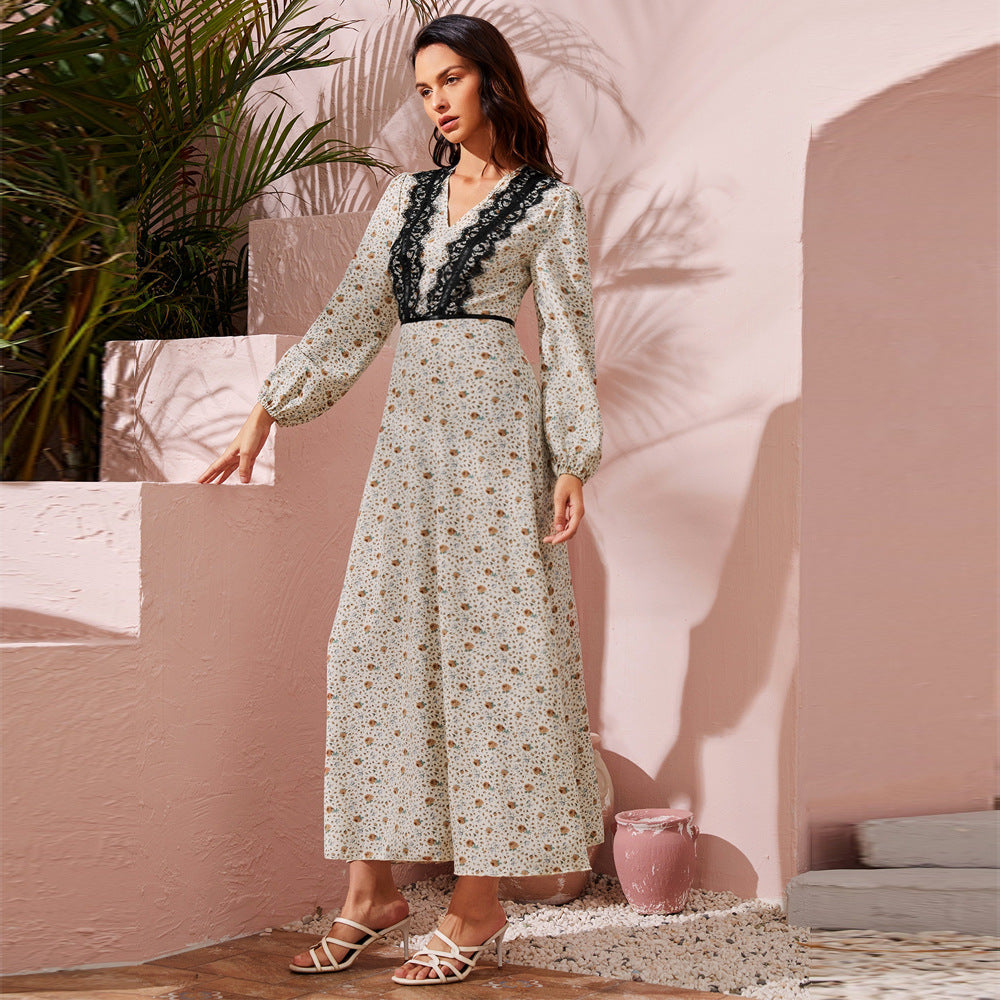 Floral Deep V-Neck Lace Trim Bishop Sleeve A-Line Maxi Dress
