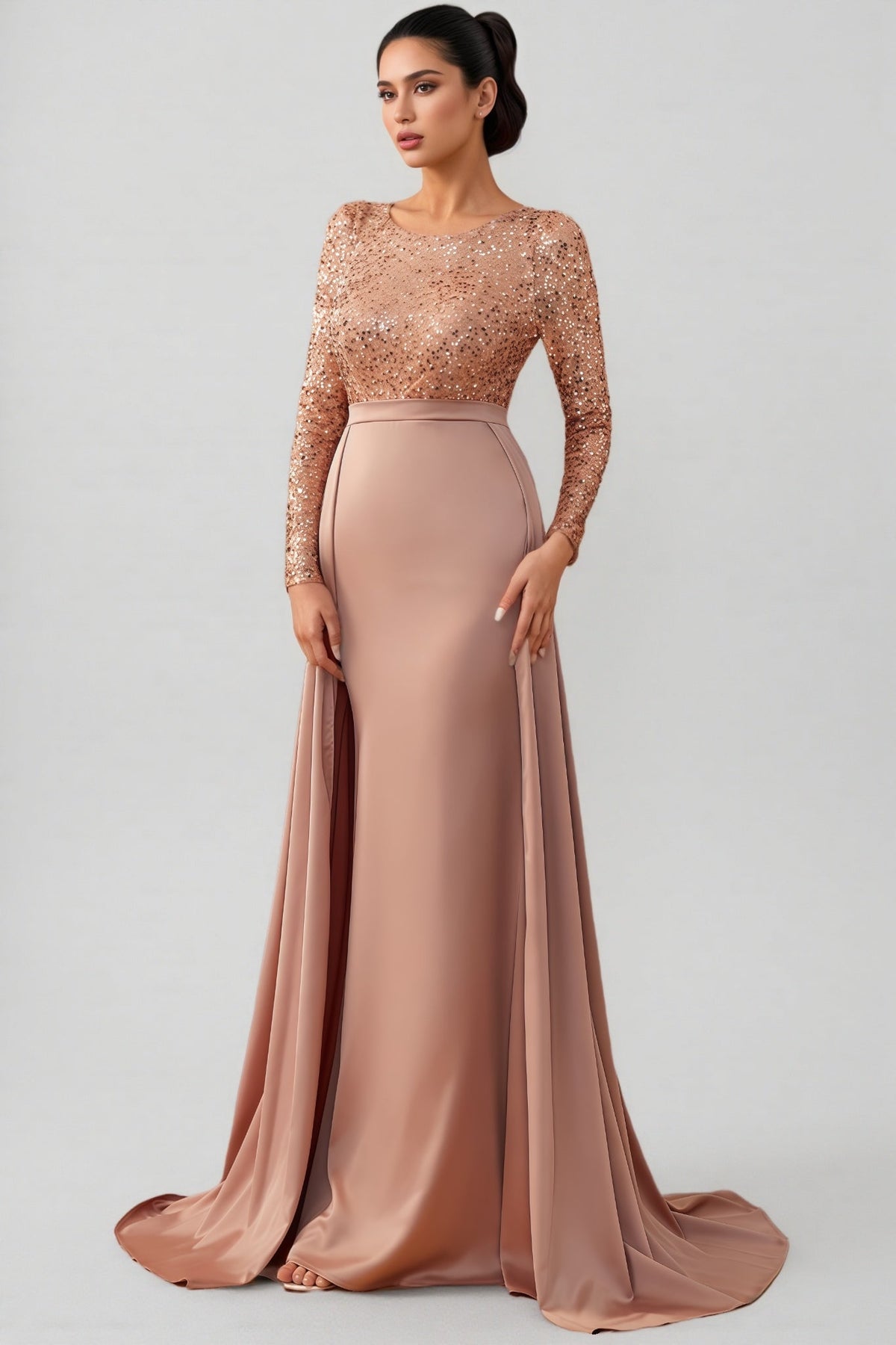 Sequin Long Sleeve Round Neck Satin Maxi Dress - View 4