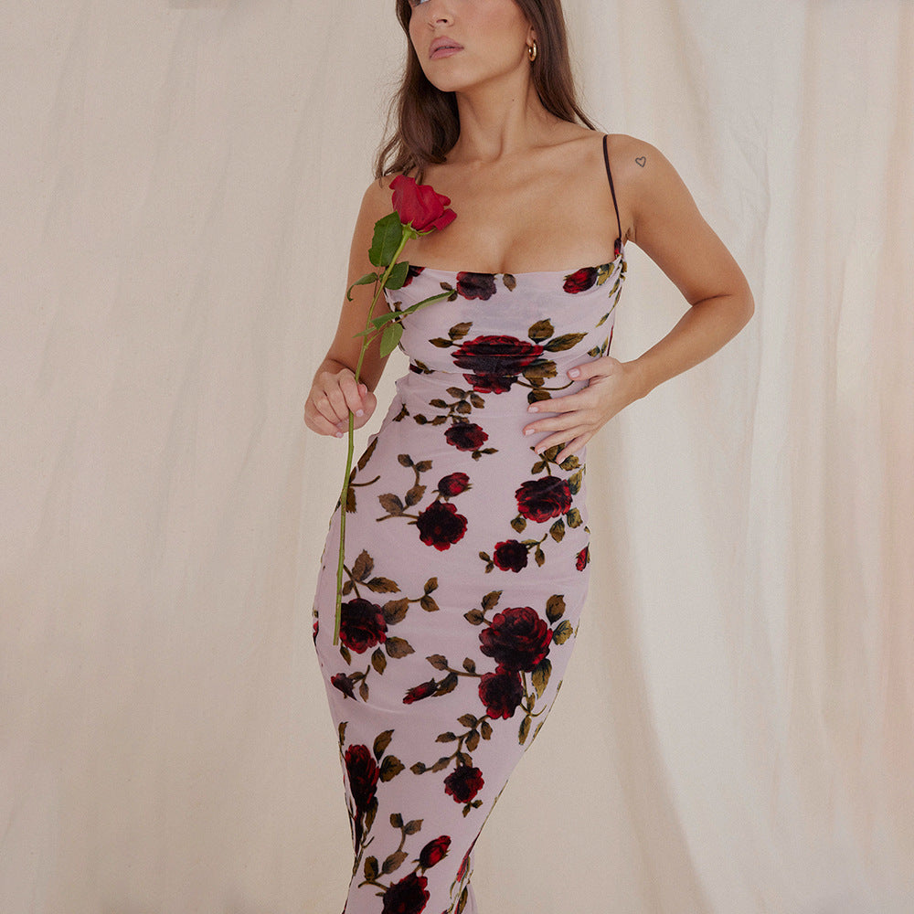 Floral Print Spaghetti Strap Lace Up Backless Slip Maxi Dress - View 3
