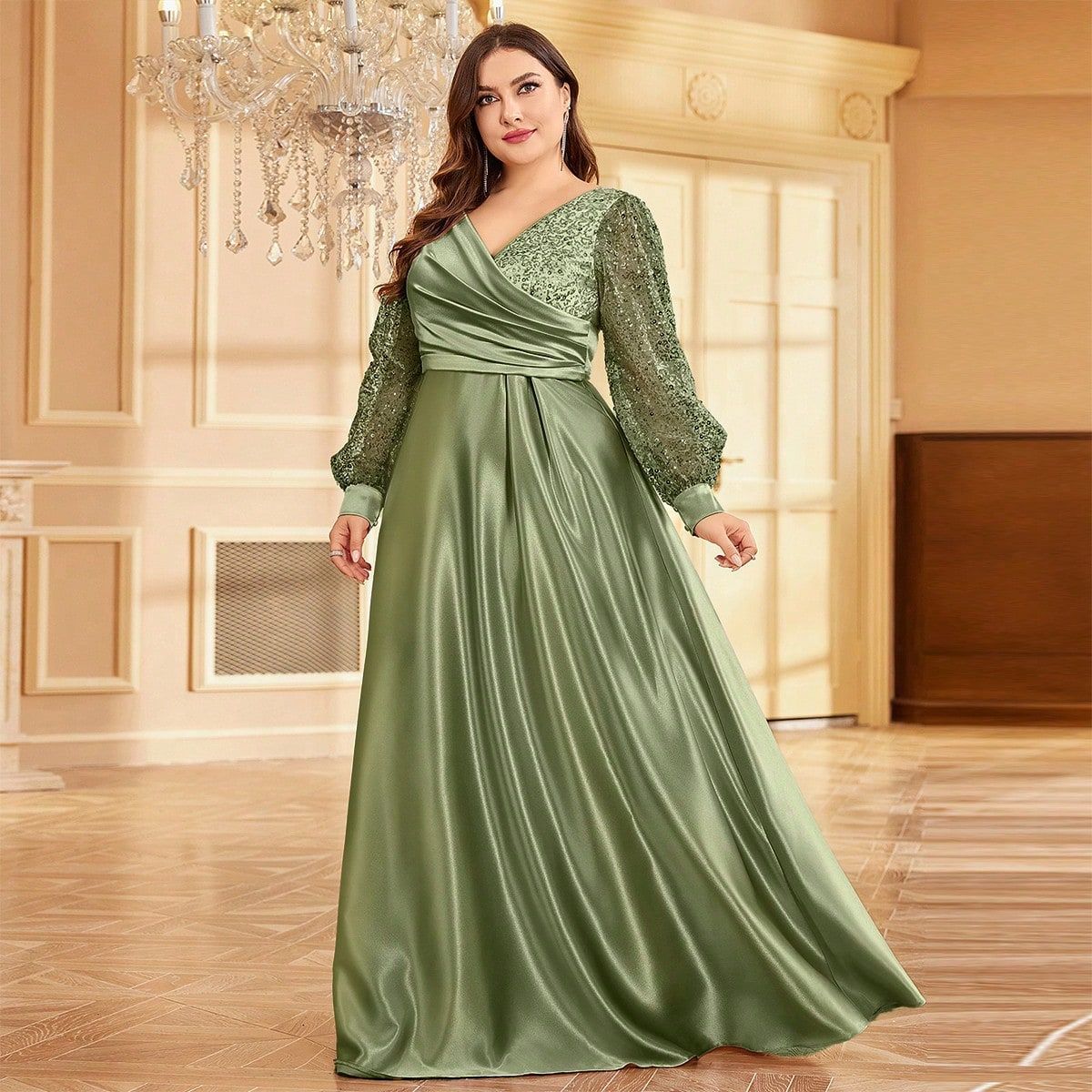 Satin V-Neck Bishop Sleeve Sequin Wrap A-Line Formal Gown - View 2